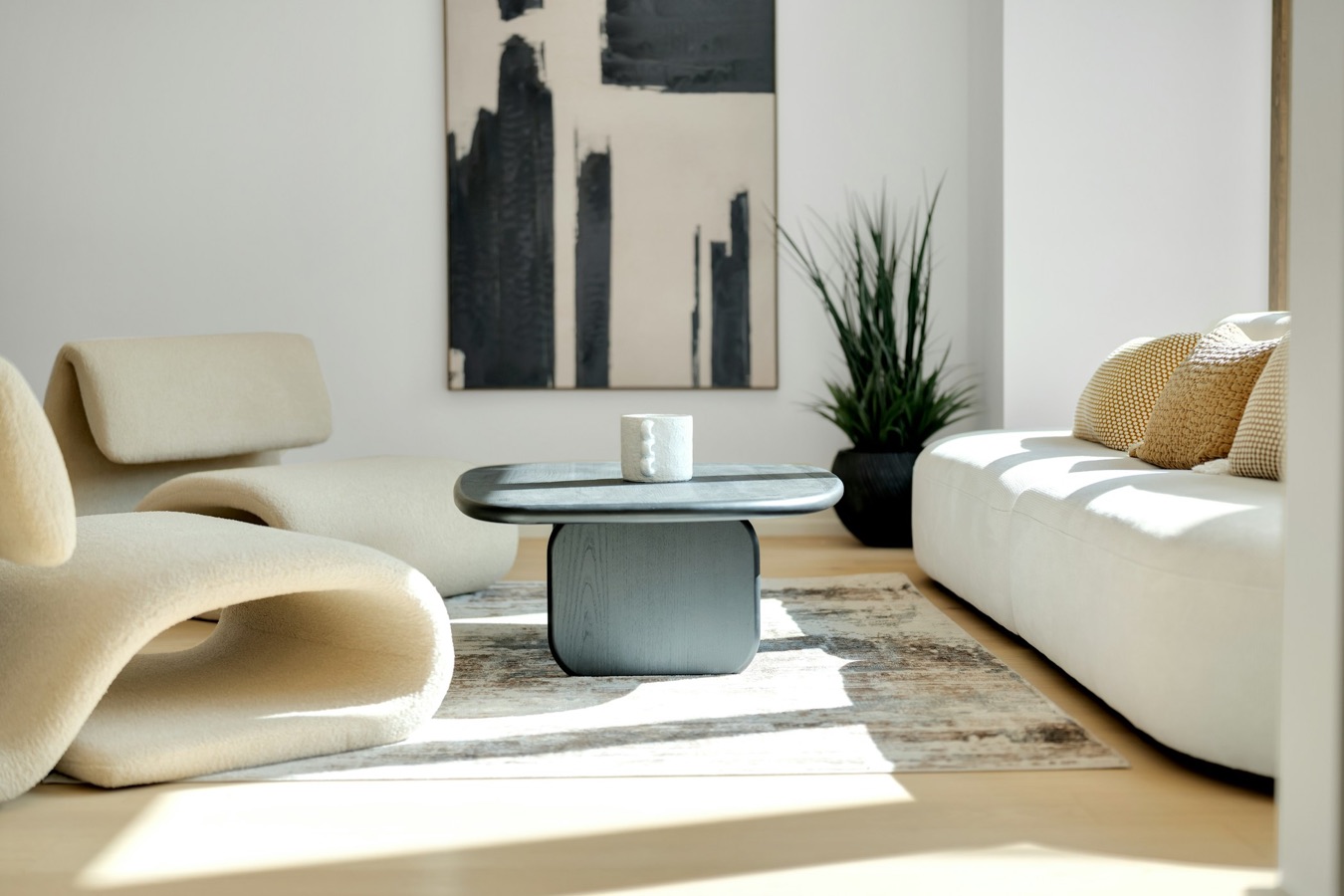 Sunlit living room with sculptural lounge chairs