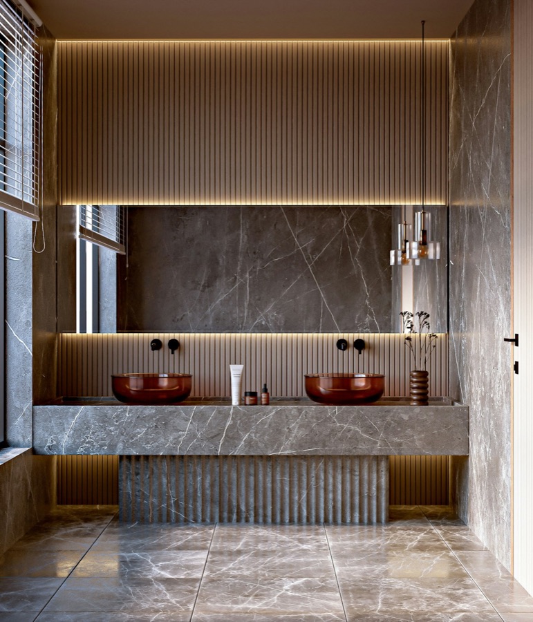 Stone bathroom with a double vanity