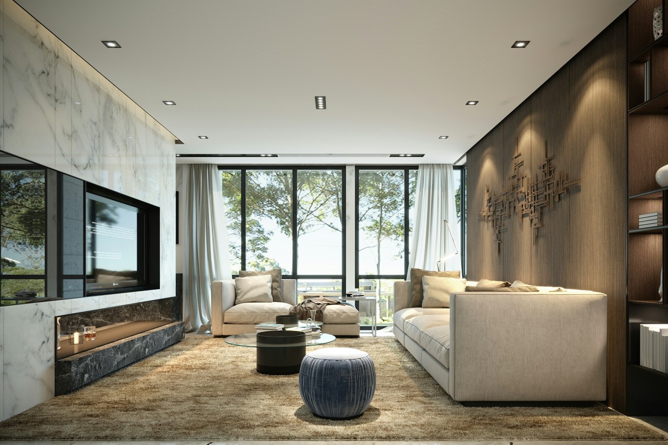 Living room with a marble wall and a fireplace