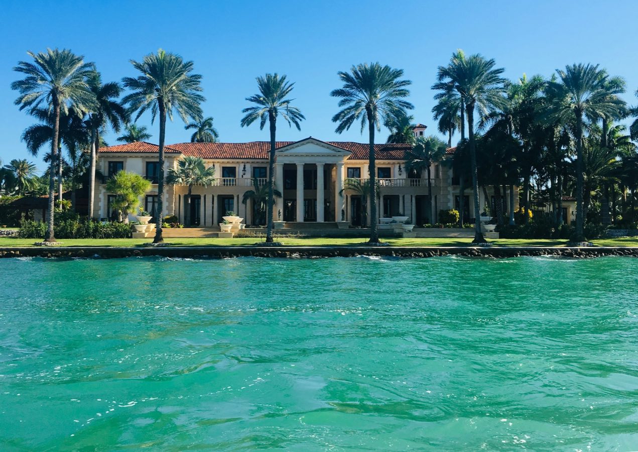 Waterfront estate behind a row of palms